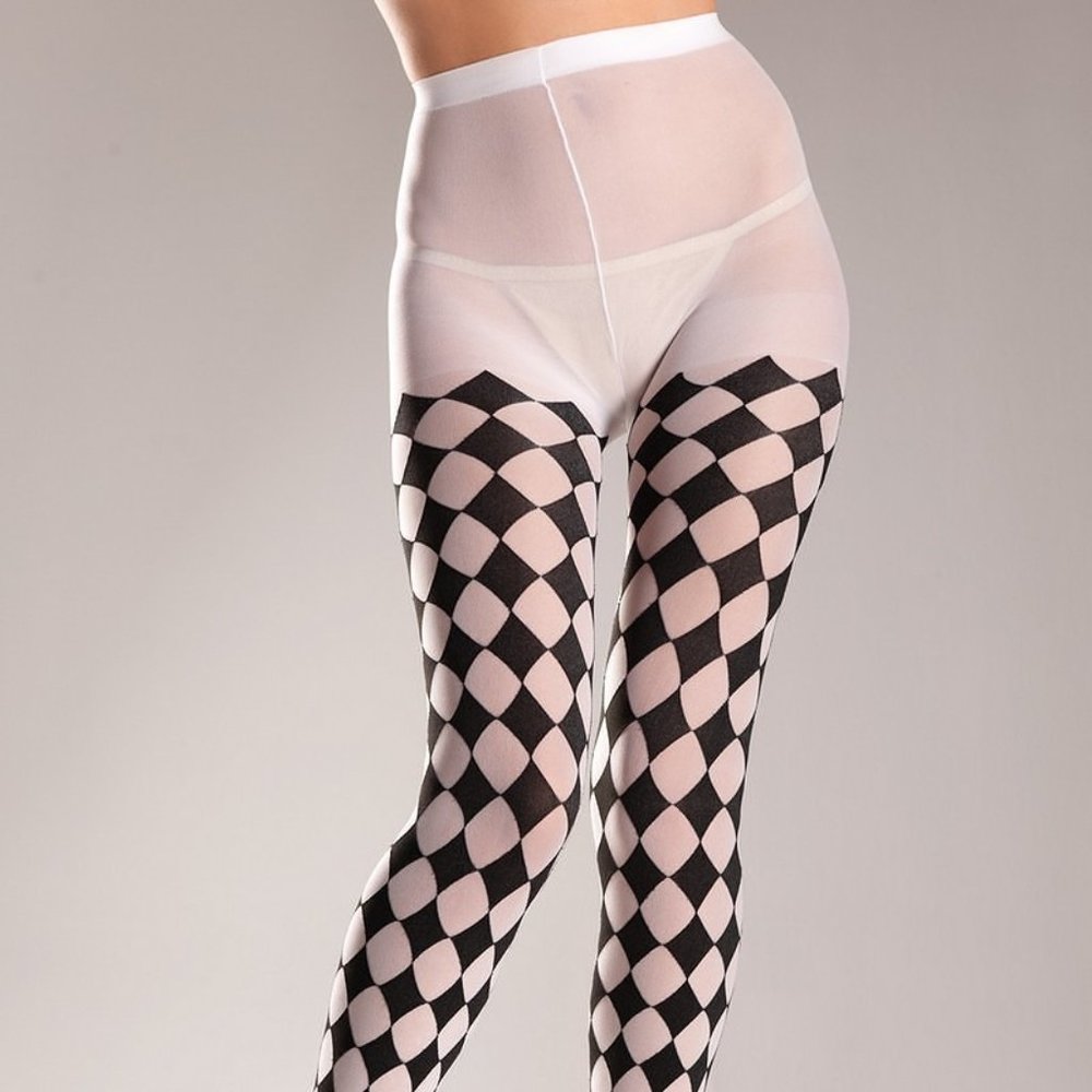 Black White Checkered Harlequinn Tights Opaque Full Footed Pantyhose - Picture 1 of 6